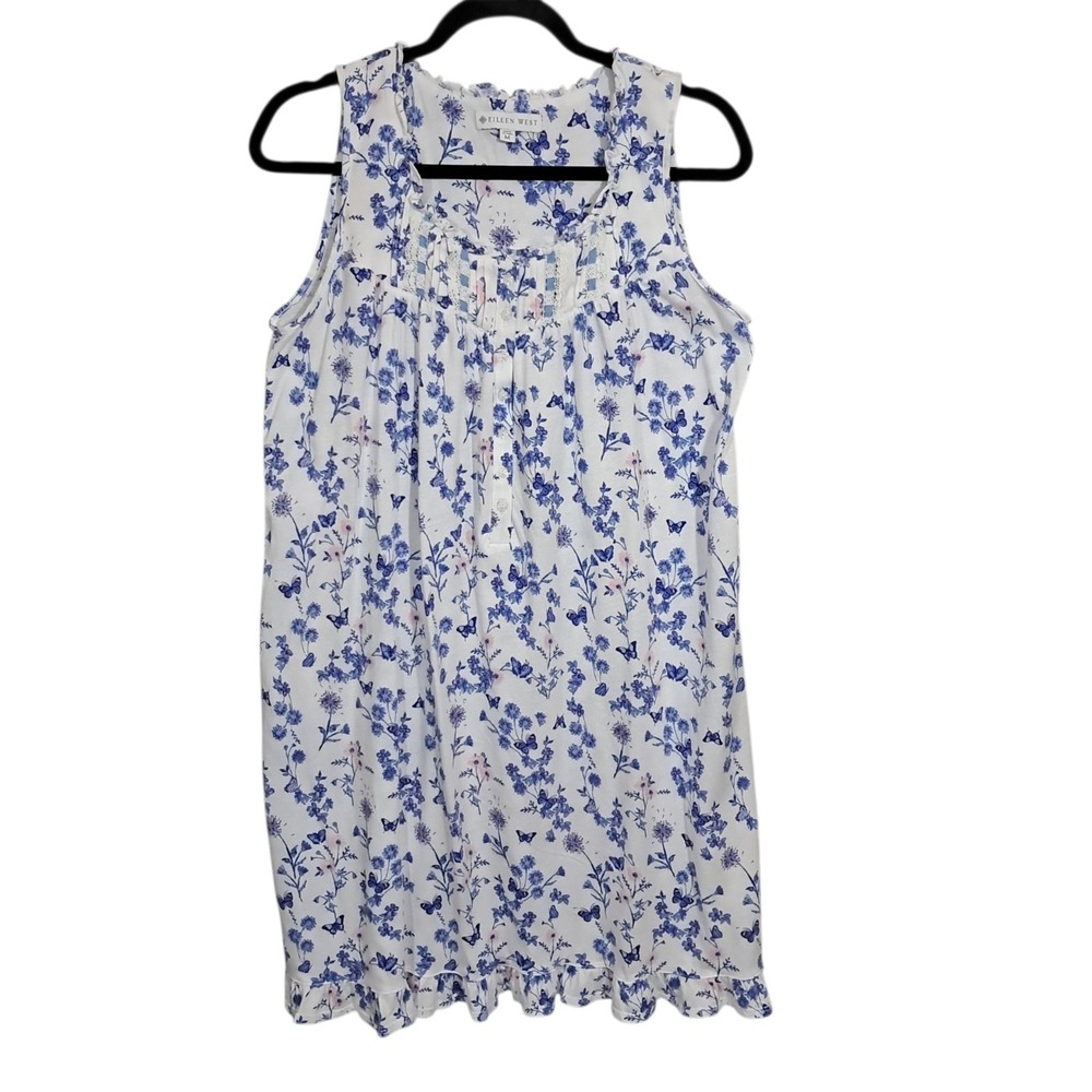 Eileen‎ West Nightgown Medium White Butterfly Garden Sleeveless Pintuck Romantic